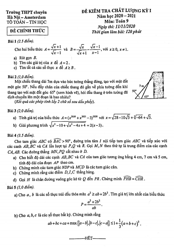 Đề kiểm tra chất lượng HK1 Toán 9 năm 2020 – 2021 trường chuyên Hà Nội – Amsterdam
