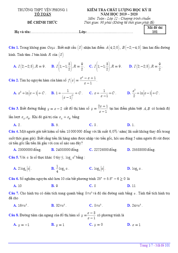 Đề kiểm tra chất lượng HK2 Toán 12 năm 2019 – 2020 trường Yên Phong 1 – Bắc Ninh