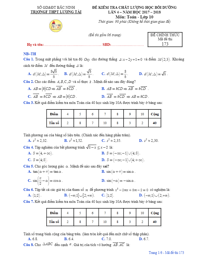 Đề kiểm tra chất lượng học bồi dưỡng Toán 10 trường THPT Lương Tài – Bắc Ninh