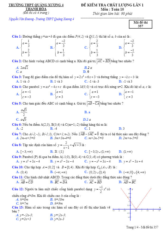 Đề kiểm tra chất lượng lần 1 môn Toán 10 trường THPT Quảng Xương 4 – Thanh Hóa