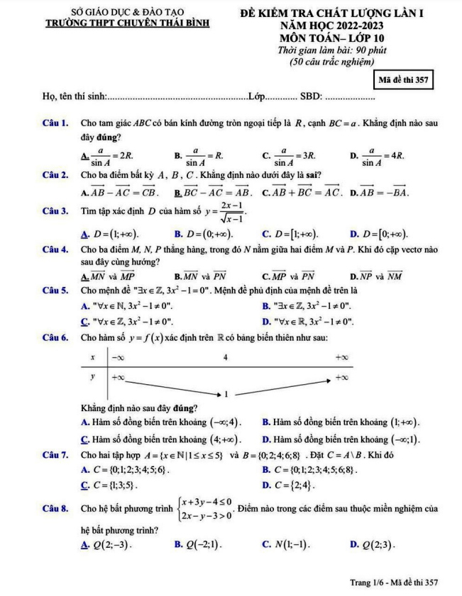Đề kiểm tra chất lượng lần 1 Toán 10 năm 2022 – 2023 trường THPT chuyên Thái Bình