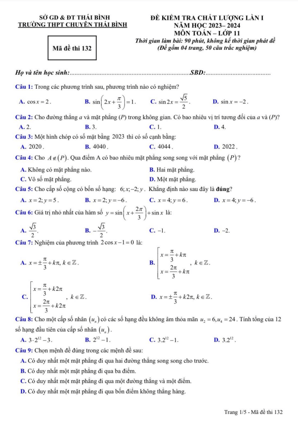 Đề kiểm tra chất lượng lần 1 Toán 11 năm 2023 – 2024 trường THPT chuyên Thái Bình