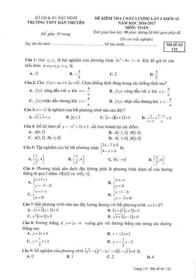 Đề kiểm tra chất lượng môn Toán lớp 10 trường THPT Hàn Thuyên – Bắc Ninh lần 2