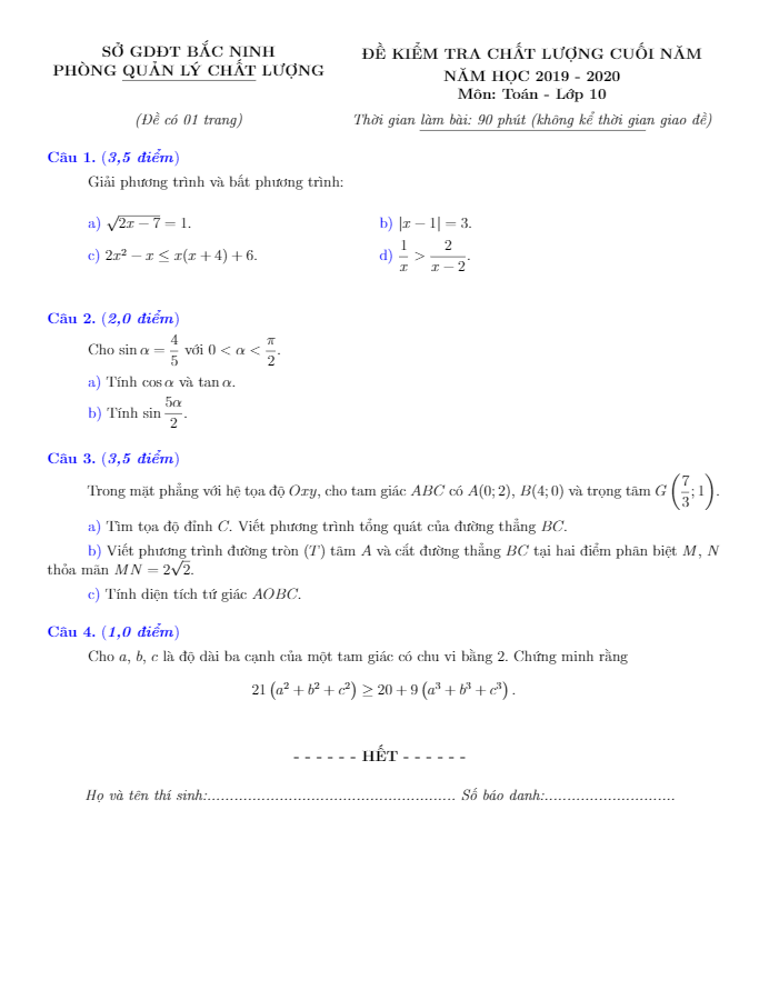 Đề kiểm tra chất lượng Toán 10 cuối năm học 2019 – 2020 sở GD&ĐT Bắc Ninh