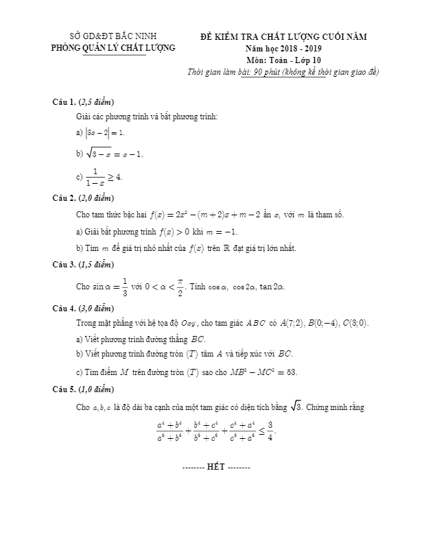 Đề kiểm tra chất lượng Toán 10 năm 2018 – 2019 sở GD&ĐT Bắc Ninh
