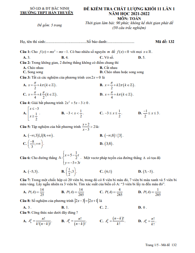 Đề kiểm tra chất lượng Toán 11 lần 1 năm 2021 – 2022 trường Hàn Thuyên – Bắc Ninh