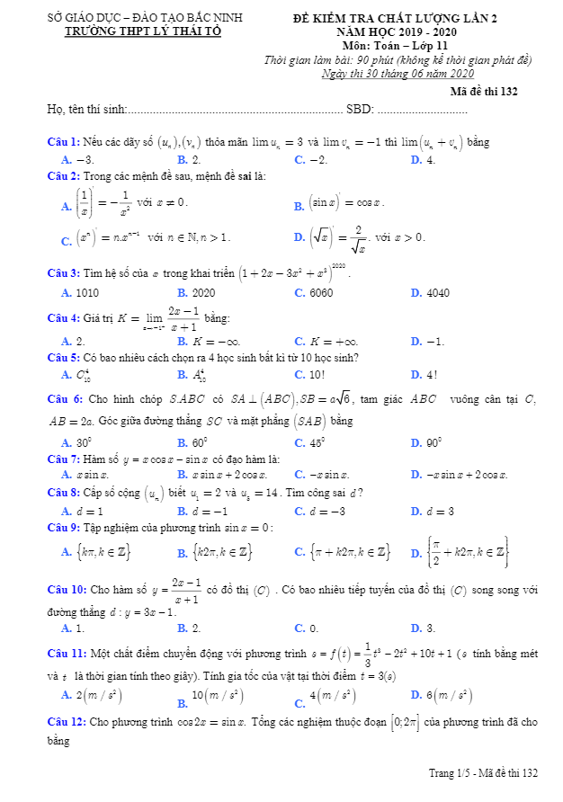 Đề kiểm tra chất lượng Toán 11 lần 2 năm 2019 – 2020 trường THPT Lý Thái Tổ – Bắc Ninh