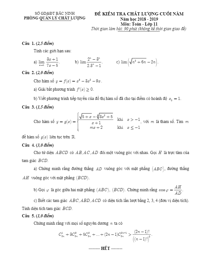 Đề kiểm tra chất lượng Toán 11 năm 2018 – 2019 sở GD&ĐT Bắc Ninh