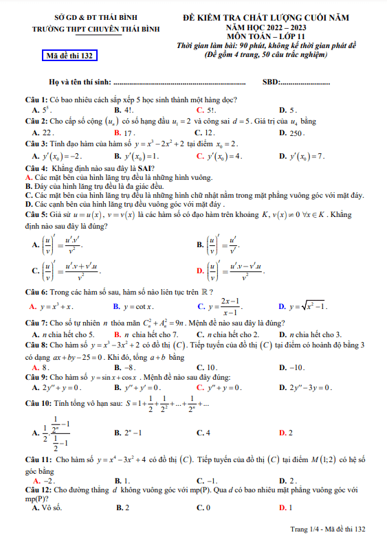 Đề kiểm tra chất lượng Toán 11 năm 2022 – 2023 trường THPT chuyên Thái Bình