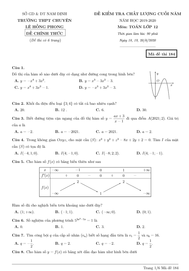 Đề kiểm tra chất lượng Toán 12 cuối năm 2019 – 2020 trường chuyên Lê Hồng Phong – Nam Định