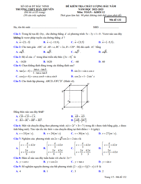 Đề kiểm tra chất lượng Toán 12 đầu năm 2022 – 2023 THPT Hàn Thuyên – Bắc Ninh