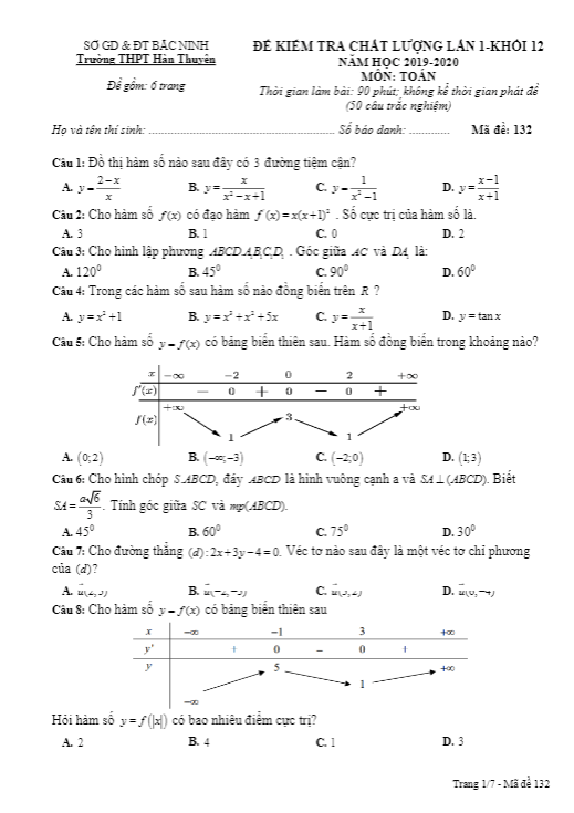 Đề kiểm tra chất lượng Toán 12 lần 1 năm 2019 – 2020 trường Hàn Thuyên – Bắc Ninh