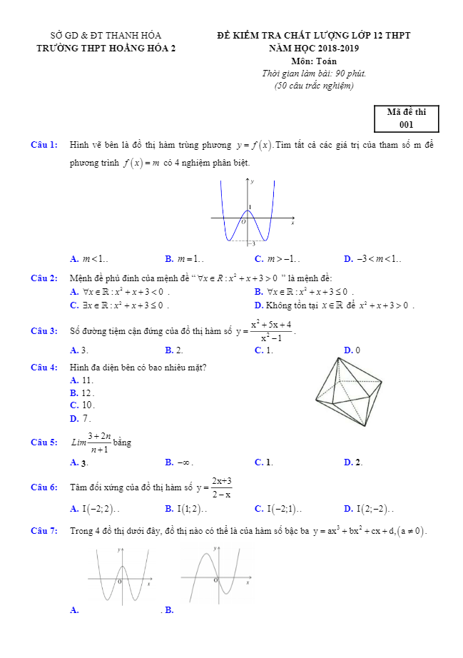 Đề kiểm tra chất lượng Toán 12 THPT năm 2018 – 2019 trường Hoằng Hóa 2 – Thanh Hóa