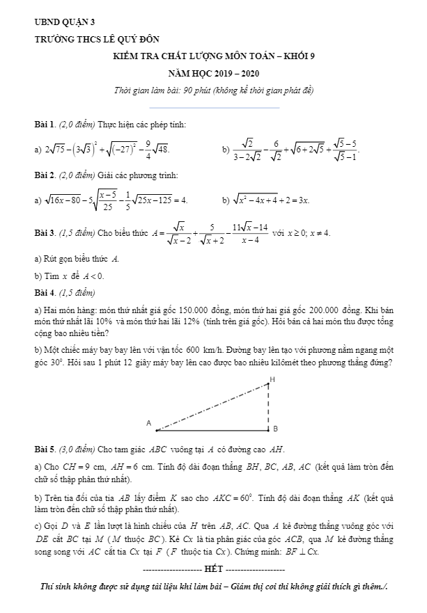 Đề kiểm tra chất lượng Toán 9 năm 2019 – 2020 trường Lê Quý Đôn – TP HCM