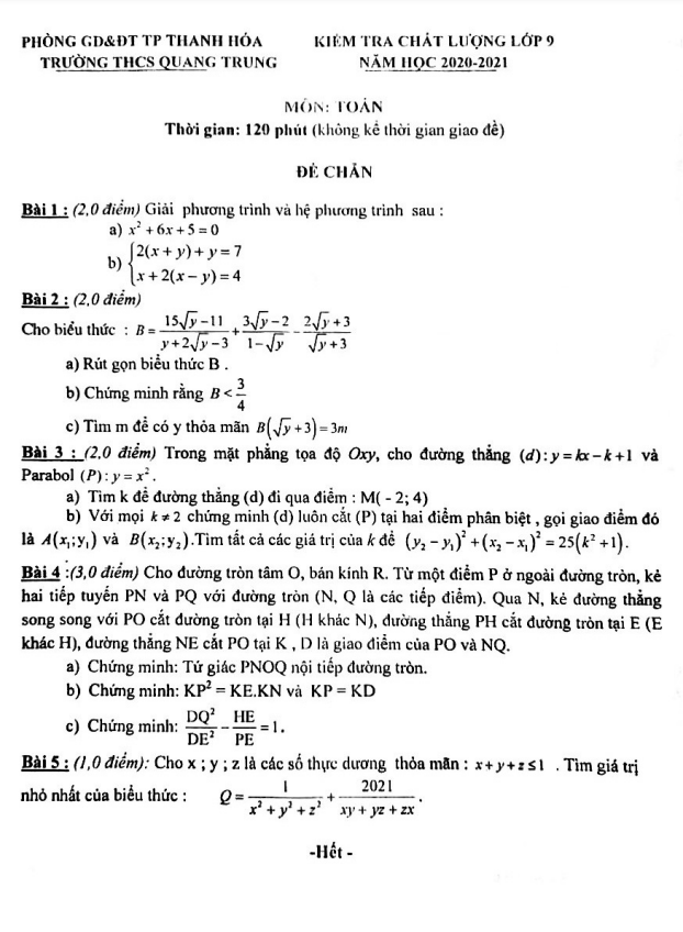 Đề kiểm tra chất lượng Toán 9 năm 2020 – 2021 trường THCS Quang Trung – Thanh Hóa