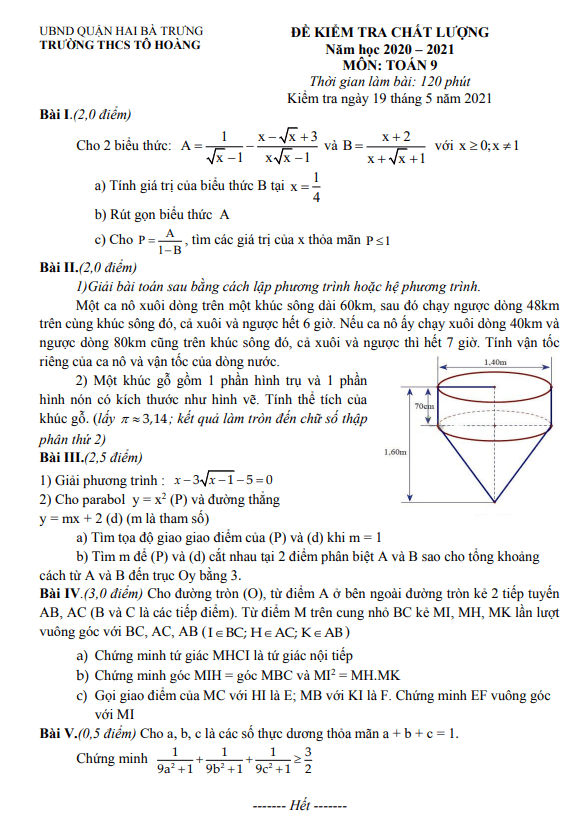 Đề kiểm tra chất lượng Toán 9 năm 2020 – 2021 trường THCS Tô Hoàng – Hà Nội