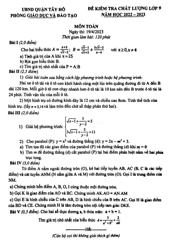 Đề kiểm tra chất lượng Toán 9 năm 2022 – 2023 phòng GD&ĐT Tây Hồ – Hà Nội