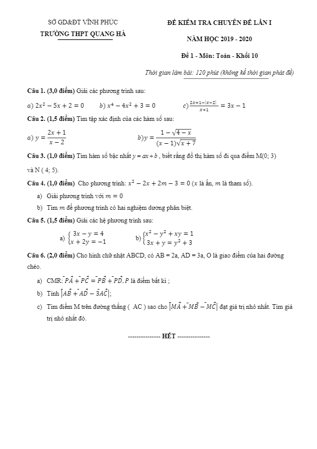 Đề kiểm tra chuyên đề Toán 10 lần 1 năm 2019 – 2020 trường Quang Hà – Vĩnh Phúc