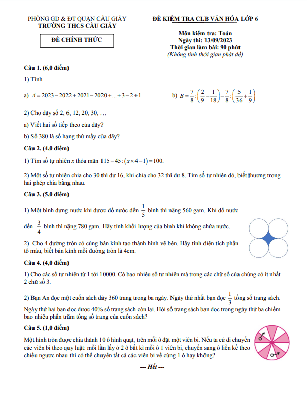 Đề kiểm tra CLB Toán 6 năm 2023 – 2024 trường THCS Cầu Giấy – Hà Nội