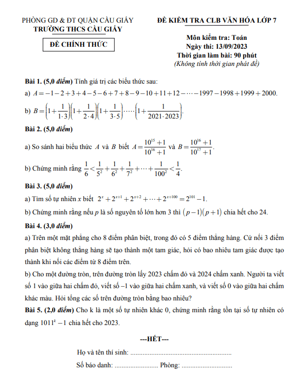 Đề kiểm tra CLB Toán 7 năm 2023 – 2024 trường THCS Cầu Giấy – Hà Nội