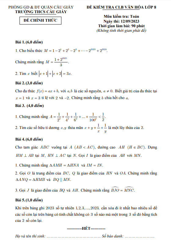 Đề kiểm tra CLB Toán 8 năm 2023 – 2024 trường THCS Cầu Giấy – Hà Nội