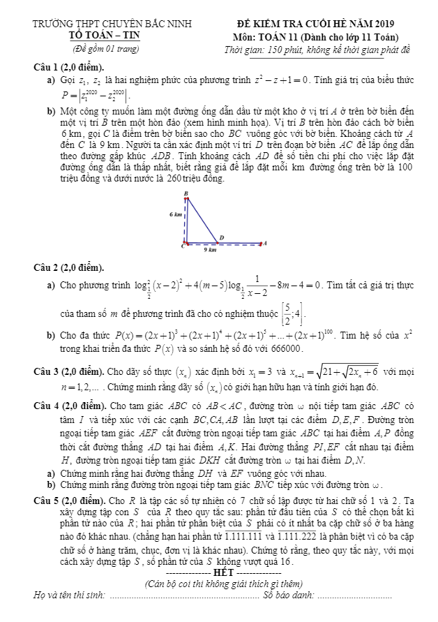 Đề kiểm tra cuối hè năm 2019 môn Toán 11 trường THPT chuyên Bắc Ninh