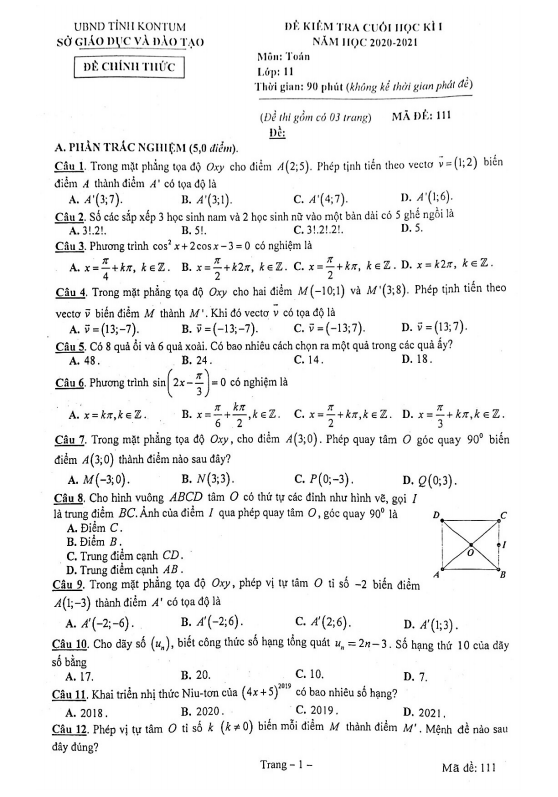 Đề kiểm tra cuối học kì 1 Toán 11 năm 2020 – 2021 sở GD&ĐT Kon Tum