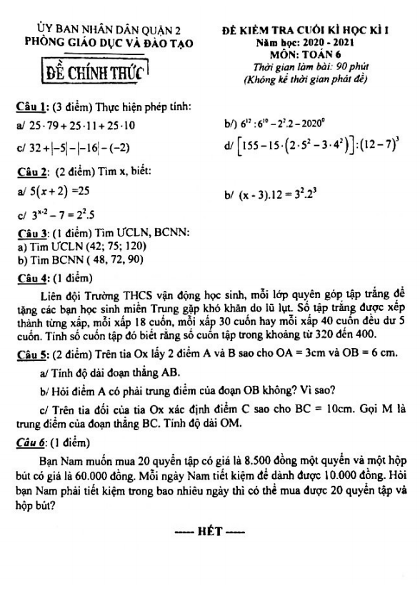 Đề kiểm tra cuối học kì 1 Toán 6 năm 2020 – 2021 phòng GD&ĐT Quận 2 – TP HCM
