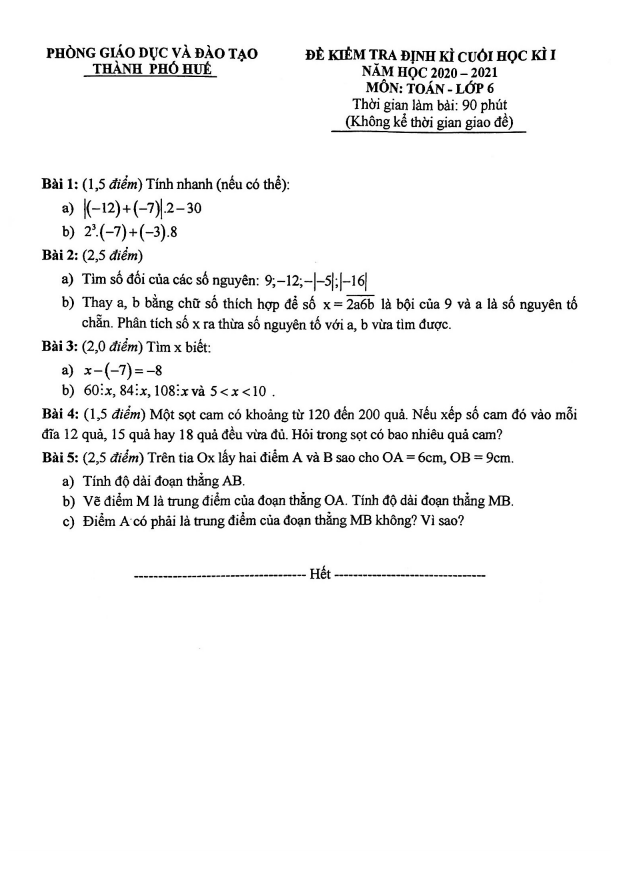 Đề kiểm tra cuối học kì 1 Toán 6 năm 2020 – 2021 phòng GD&ĐT thành phố Huế