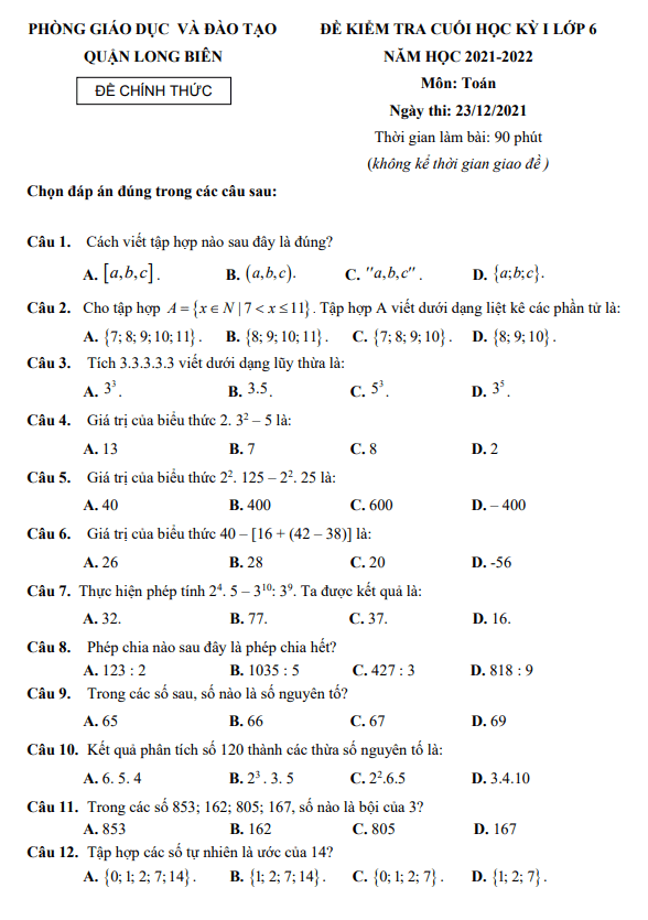 Đề kiểm tra cuối học kì 1 Toán 6 năm 2021 – 2022 phòng GD&ĐT Long Biên – Hà Nội