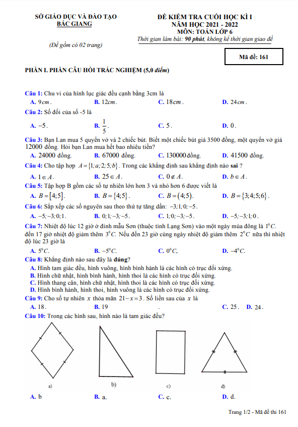 Đề kiểm tra cuối học kì 1 Toán 6 năm 2021 – 2022 sở GD&ĐT Bắc Giang