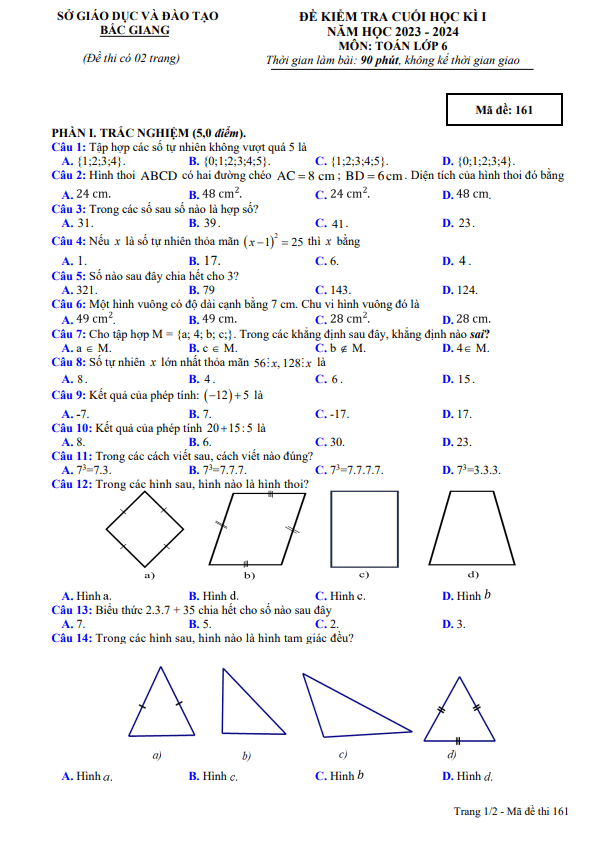Đề kiểm tra cuối học kì 1 Toán 6 năm 2023 – 2024 sở GD&ĐT Bắc Giang