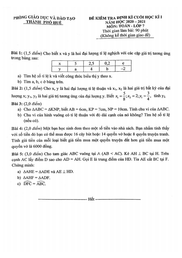 Đề kiểm tra cuối học kì 1 Toán 7 năm 2020 – 2021 phòng GD&ĐT thành phố Huế