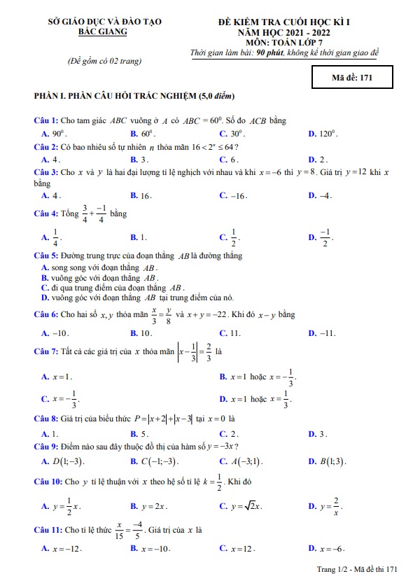 Đề kiểm tra cuối học kì 1 Toán 7 năm 2021 – 2022 sở GD&ĐT Bắc Giang