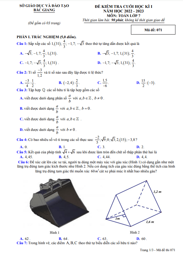 Đề kiểm tra cuối học kì 1 Toán 7 năm 2022 – 2023 sở GD&ĐT Bắc Giang