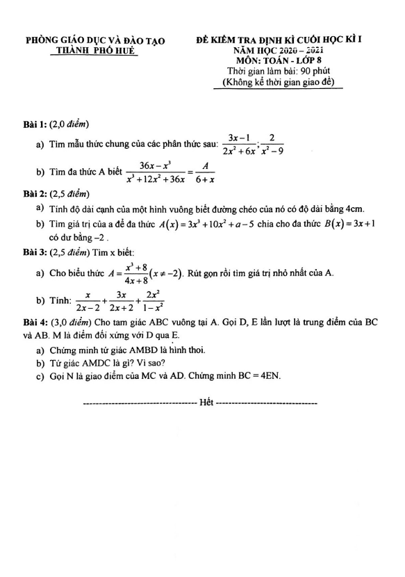 Đề kiểm tra cuối học kì 1 Toán 8 năm 2020 – 2021 phòng GD&ĐT thành phố Huế