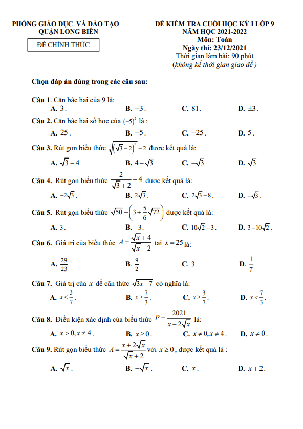 Đề kiểm tra cuối học kì 1 Toán 9 năm 2021 – 2022 phòng GD&ĐT Long Biên – Hà Nội