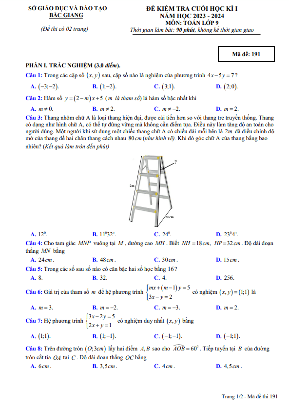 Đề kiểm tra cuối học kì 1 Toán 9 năm 2023 – 2024 sở GD&ĐT Bắc Giang