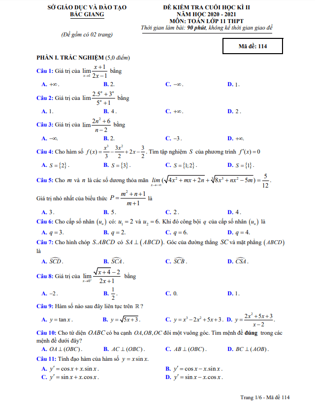 Đề kiểm tra cuối học kì 2 Toán 11 năm 2020 – 2021 sở GD&ĐT Bắc Giang