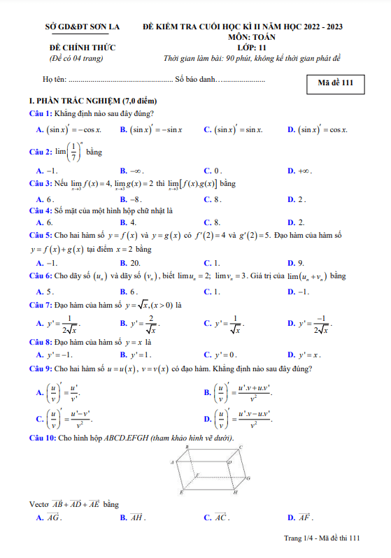 Đề kiểm tra cuối học kì 2 Toán 11 năm 2022 – 2023 sở GD&ĐT Sơn La
