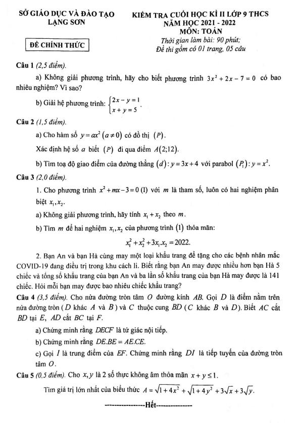 Đề kiểm tra cuối học kì 2 Toán 9 năm 2021 – 2022 sở GD&ĐT Lạng Sơn