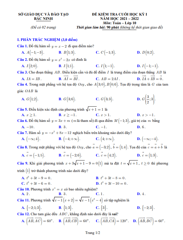 Đề kiểm tra cuối học kỳ 1 Toán 10 năm 2021 – 2022 sở GD&ĐT Bắc Ninh
