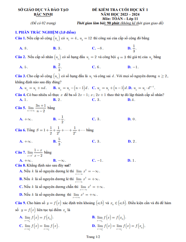 Đề kiểm tra cuối học kỳ 1 Toán 11 năm 2023 – 2024 sở GD&ĐT Bắc Ninh