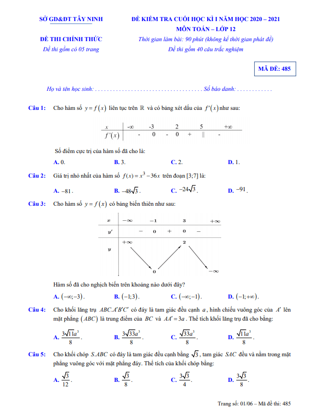 Đề kiểm tra cuối học kỳ 1 Toán 12 năm 2020 – 2021 sở GD&ĐT Tây Ninh