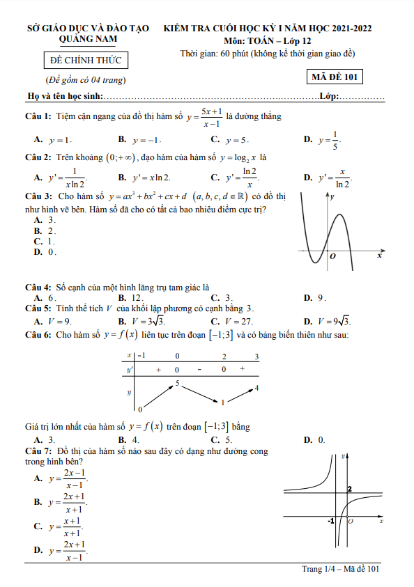 Đề kiểm tra cuối học kỳ 1 Toán 12 năm 2021 – 2022 sở GD&ĐT Quảng Nam