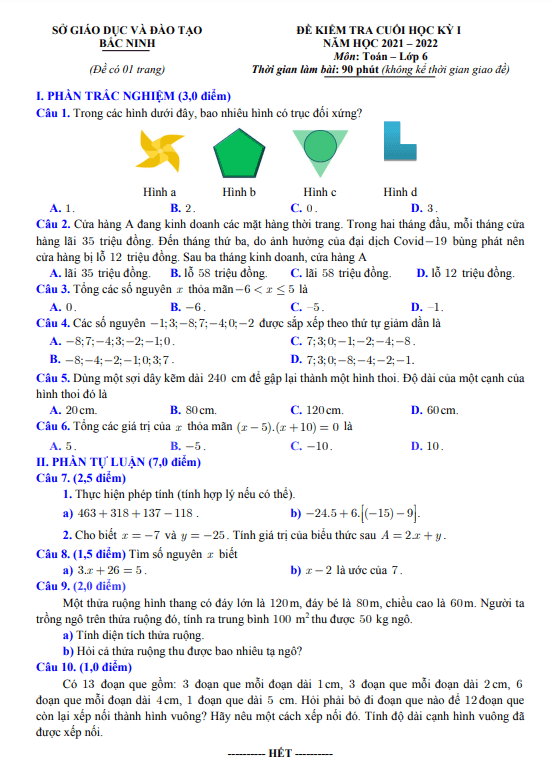 Đề kiểm tra cuối học kỳ 1 Toán 6 năm 2021 – 2022 sở GD&ĐT Bắc Ninh