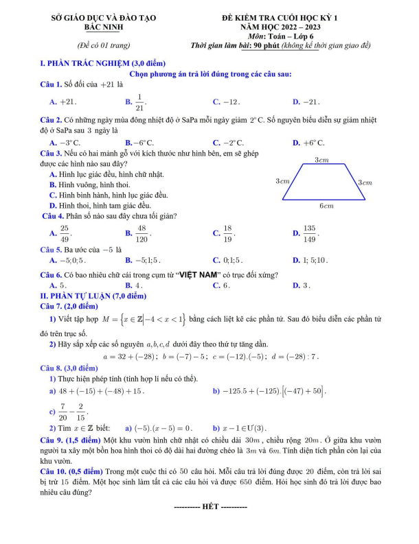 Đề kiểm tra cuối học kỳ 1 Toán 6 năm 2022 – 2023 sở GD&ĐT Bắc Ninh