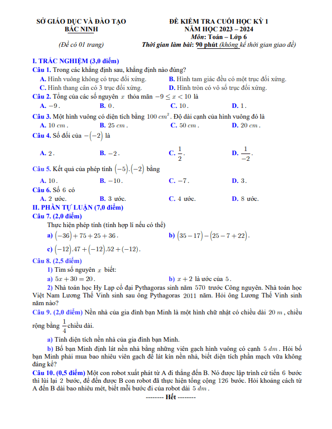 Đề kiểm tra cuối học kỳ 1 Toán 6 năm 2023 – 2024 sở GD&ĐT Bắc Ninh