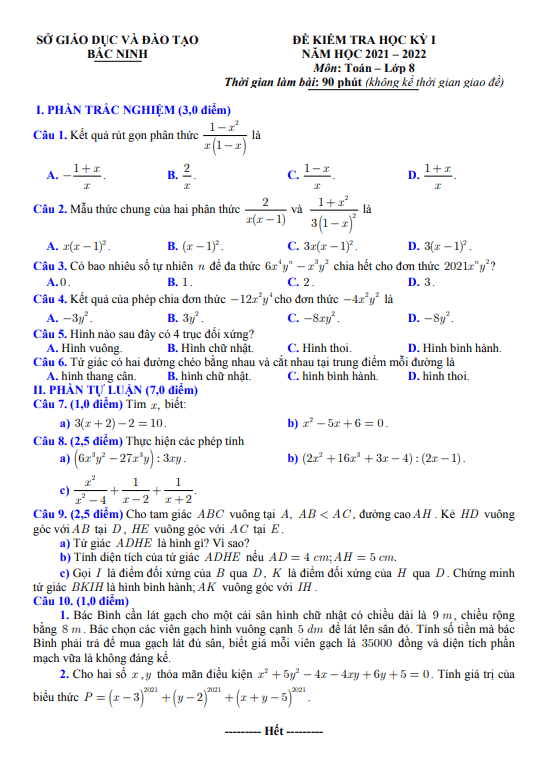 Đề kiểm tra cuối học kỳ 1 Toán 8 năm 2021 – 2022 sở GD&ĐT Bắc Ninh