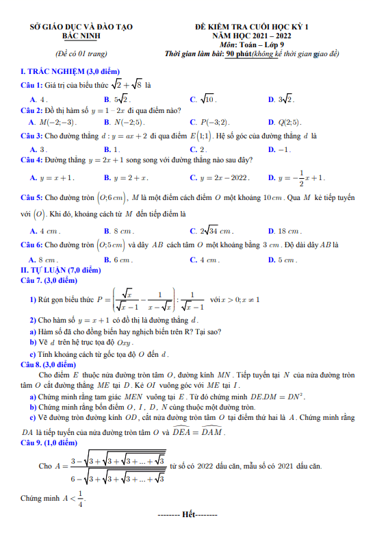 Đề kiểm tra cuối học kỳ 1 Toán 9 năm 2021 – 2022 sở GD&ĐT Bắc Ninh